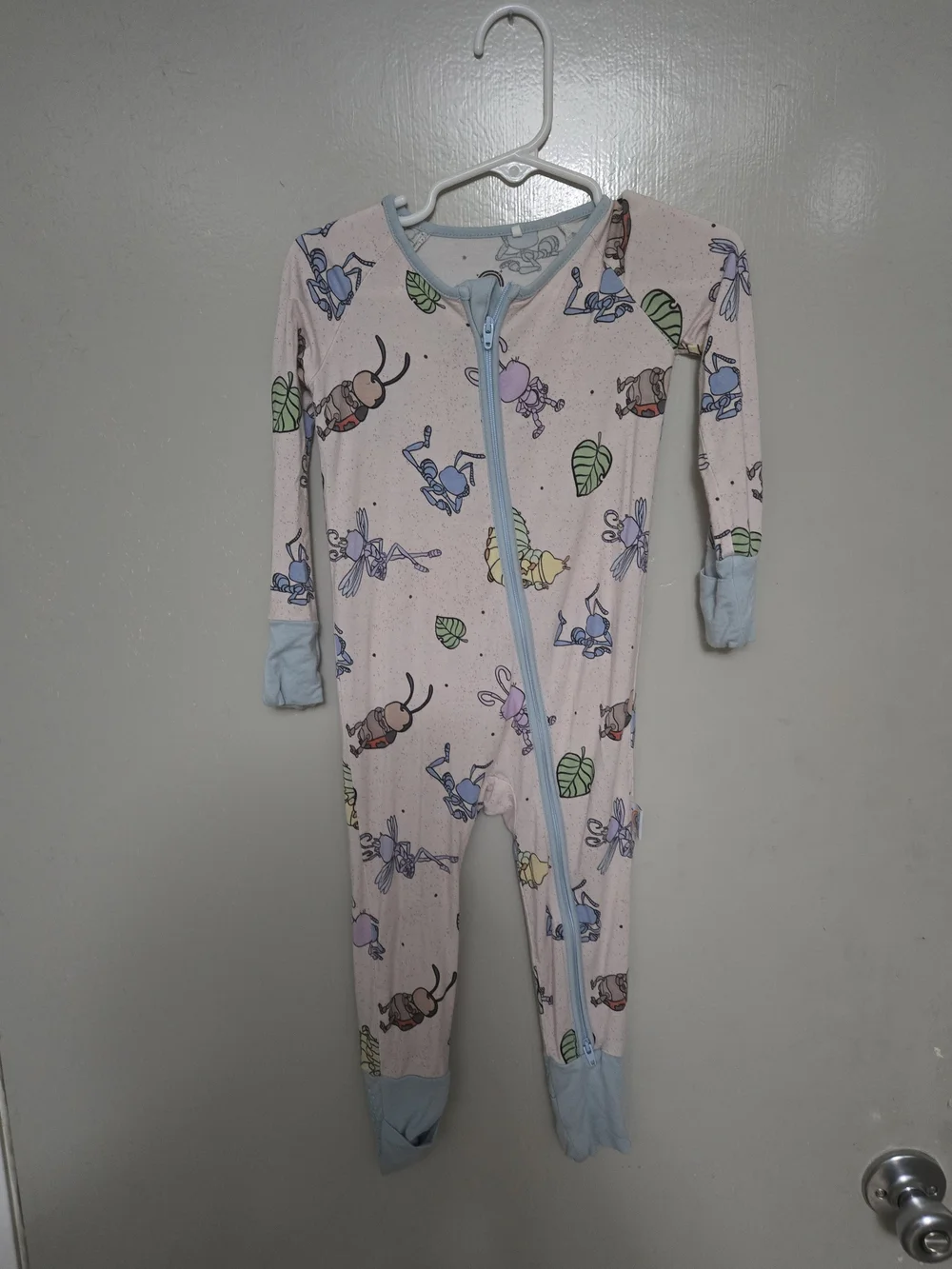 Light Pink Bug-Print Zippered Kids Footie Pajamas with Blue Trim